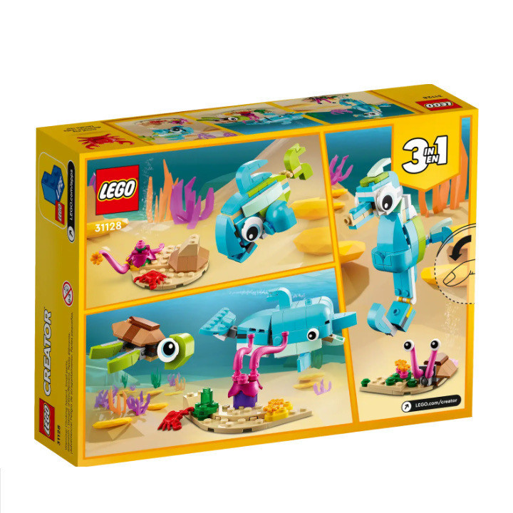 LEGO Creator 31128 - Dolphin and Turtle یک مجموعه ۳ در ۱ با ۱۳۷ قطعه، شامل دلفین، لاکپشت و مدلهای متنوع دریایی، مناسب کودکان ۶ سال به بالا.