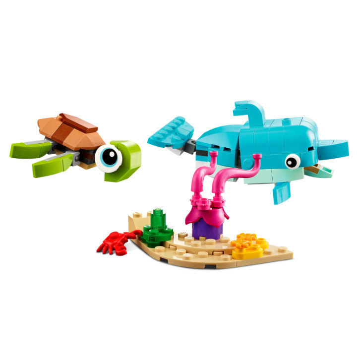 LEGO Creator 31128 - Dolphin and Turtle یک مجموعه ۳ در ۱ با ۱۳۷ قطعه، شامل دلفین، لاکپشت و مدلهای متنوع دریایی، مناسب کودکان ۶ سال به بالا.